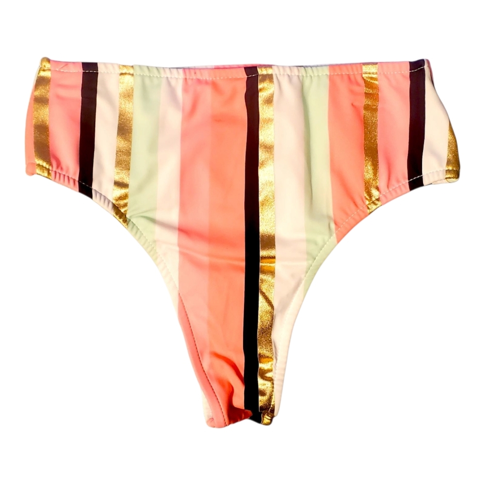 Venus Striped Highrise Bikini Bottoms Black Pink Gold Teal White Metallic Size 4